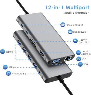 USB C HUB, 12-in-1 USB C-adapterdockingstation met 4K HDMI, VGA, 3 * USB 2.0, USB 3.0, USB C-gegevens, PD3.0, Ethernet RJ45-poort, SD/TF, 3,5 mm AUX, compatibel met meer Type-C-apparaten