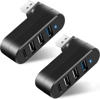 USB 3.0-hub met 90°/180° draaibaar, USB-hub met 1 USB C-voedings-/datapoort, USB-extender/USB-splitter Geschikt voor laptops, pc's, auto's, iMacs, MacBook Air/Pro, Tesla-2-pack