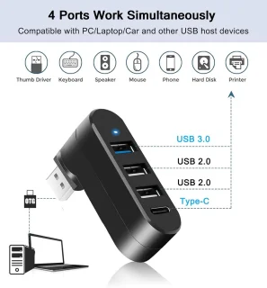 USB 3.0-hub met 90°/180° draaibaar, USB-hub met 1 USB C-voedings-/datapoort, USB-extender/USB-splitter Geschikt voor laptops, pc's, auto's, iMacs, MacBook Air/Pro, Tesla-2-pack