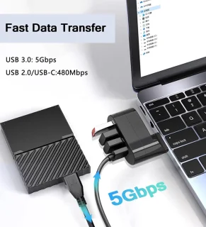 USB 3.0-hub met 90°/180° draaibaar, USB-hub met 1 USB C-voedings-/datapoort, USB-extender/USB-splitter Geschikt voor laptops, pc's, auto's, iMacs, MacBook Air/Pro, Tesla-2-pack