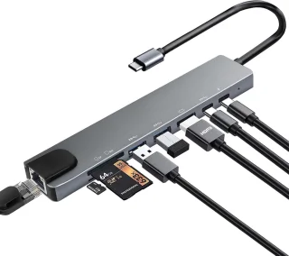 USB C Hub Multiport Adapter, 8-in-1 USB C Dongle met 4K HDMI, RJ45 Ethernet, 100W PD Opladen, USB 3.0, SD/TF Kaartlezer, USB-C Docking Station, Geschikt voor MacBook Pro/Air, Dell, HP en andere Type-C Apparaten