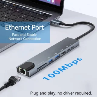 USB C Hub Multiport Adapter, 8-in-1 USB C Dongle met 4K HDMI, RJ45 Ethernet, 100W PD Opladen, USB 3.0, SD/TF Kaartlezer, USB-C Docking Station, Geschikt voor MacBook Pro/Air, Dell, HP en andere Type-C Apparaten