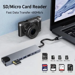 USB C Hub Multiport Adapter, 8-in-1 USB C Dongle met 4K HDMI, RJ45 Ethernet, 100W PD Opladen, USB 3.0, SD/TF Kaartlezer, USB-C Docking Station, Geschikt voor MacBook Pro/Air, Dell, HP en andere Type-C Apparaten