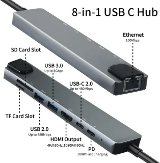 USB C Hub Multiport Adapter, 8-in-1 USB C Dongle met 4K HDMI, RJ45 Ethernet, 100W PD Opladen, USB 3.0, SD/TF Kaartlezer, USB-C Docking Station, Geschikt voor MacBook Pro/Air, Dell, HP en andere Type-C Apparaten