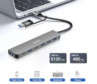 7-in-1 Dual USB Hub met USB 3.0 en USB-C poorten voor laptops en pc