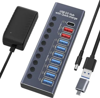 10-in-1 USB Hub met 7 USB 3.0 poorten en 3 snelladers - Actieve USB Hub 3.0 met schakelaar