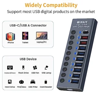 10-in-1 USB Hub met 7 USB 3.0 poorten en 3 snelladers - Actieve USB Hub 3.0 met schakelaar