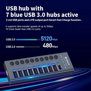 10-in-1 USB Hub met 7 USB 3.0 poorten en 3 snelladers - Actieve USB Hub 3.0 met schakelaar