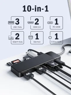 Docking Station - USB C Hub 3*Display- 10 in 1 - USB C Docking Station Dual HDMI Adapter 4K, 3 USB 3.0/2.0, VGA, PD 100W, Audio, SD/TF, USB C HDMI voor Windows, Macbook, Dell, HP, Lenovo, Surface
