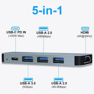 Multi-Data Port 5Gbps 5-in-1 USB-C Docking Station, USB-C Hub Multi-Port Adapter, geschikt voor MacBook Pro/Air, iMac, iPhone 16 15 Plus Pro Max, Samsung Galaxy