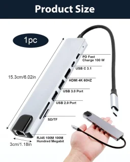 8-in-1 USB-C-hub met Ethernet, PD en USB-C-hub, ondersteunt 4K HDMI, RJ45 Ethernet, 100W PD, SD/TF-kaartlezer, USB 3.0/2.0-poorten en dockingstation voor computers, mobiele telefoons, enz.