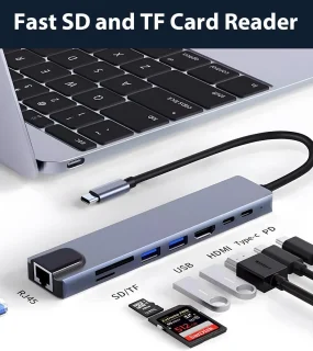 8-in-1 USB-C-hub met Ethernet, PD en USB-C-hub, ondersteunt 4K HDMI, RJ45 Ethernet, 100W PD, SD/TF-kaartlezer, USB 3.0/2.0-poorten en dockingstation voor computers, mobiele telefoons, enz.
