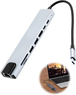 8-in-1 USB-C-hub met Ethernet, PD en USB-C-hub, ondersteunt 4K HDMI, RJ45 Ethernet, 100W PD, SD/TF-kaartlezer, USB 3.0/2.0-poorten en dockingstation voor computers, mobiele telefoons, enz.