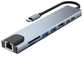 8-in-1 USB-C-hub met Ethernet, PD en USB-C-hub, ondersteunt 4K HDMI, RJ45 Ethernet, 100W PD, SD/TF-kaartlezer, USB 3.0/2.0-poorten en dockingstation voor computers, mobiele telefoons, enz.