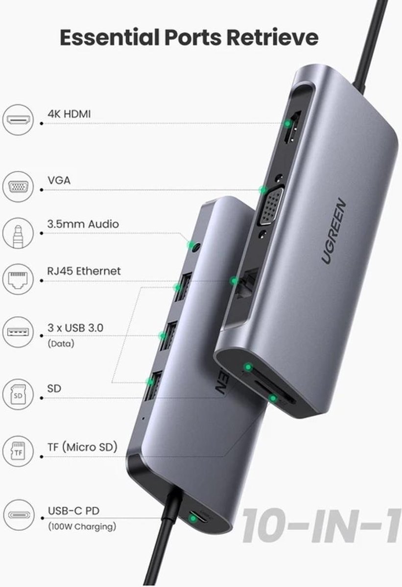 10-in-1 USB-C Hub met HDMI, VGA, USB3.0, USB-C, SD, Ethernet, Audio