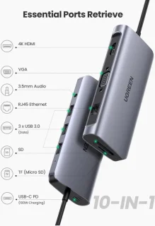 10-in-1 USB-C Hub met HDMI, VGA, USB3.0, USB-C, SD, Ethernet, Audio
