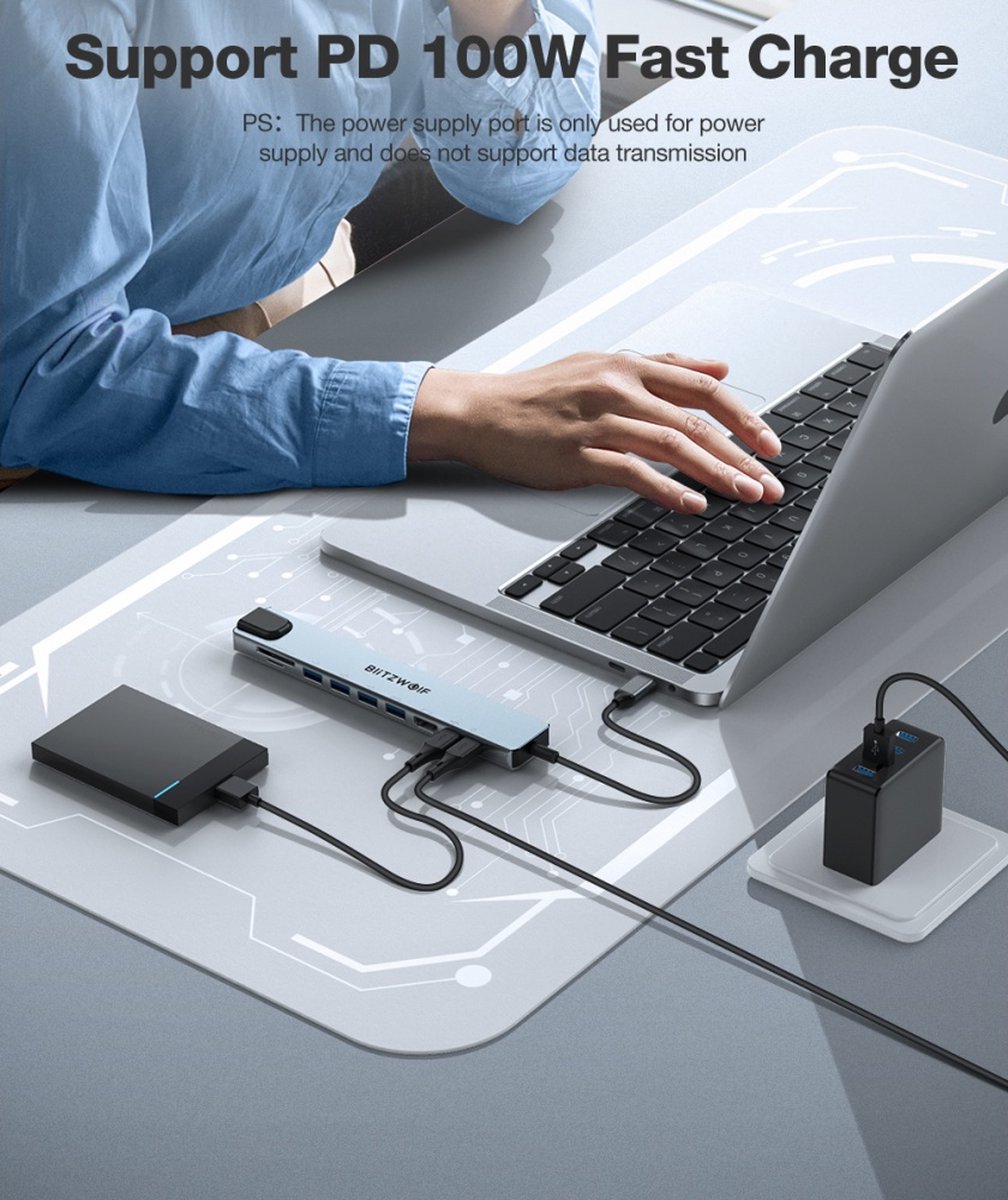 10-in-1 USB Hub Dockingstation USB3.0 Type-C RJ45 Ethernet PD 100W