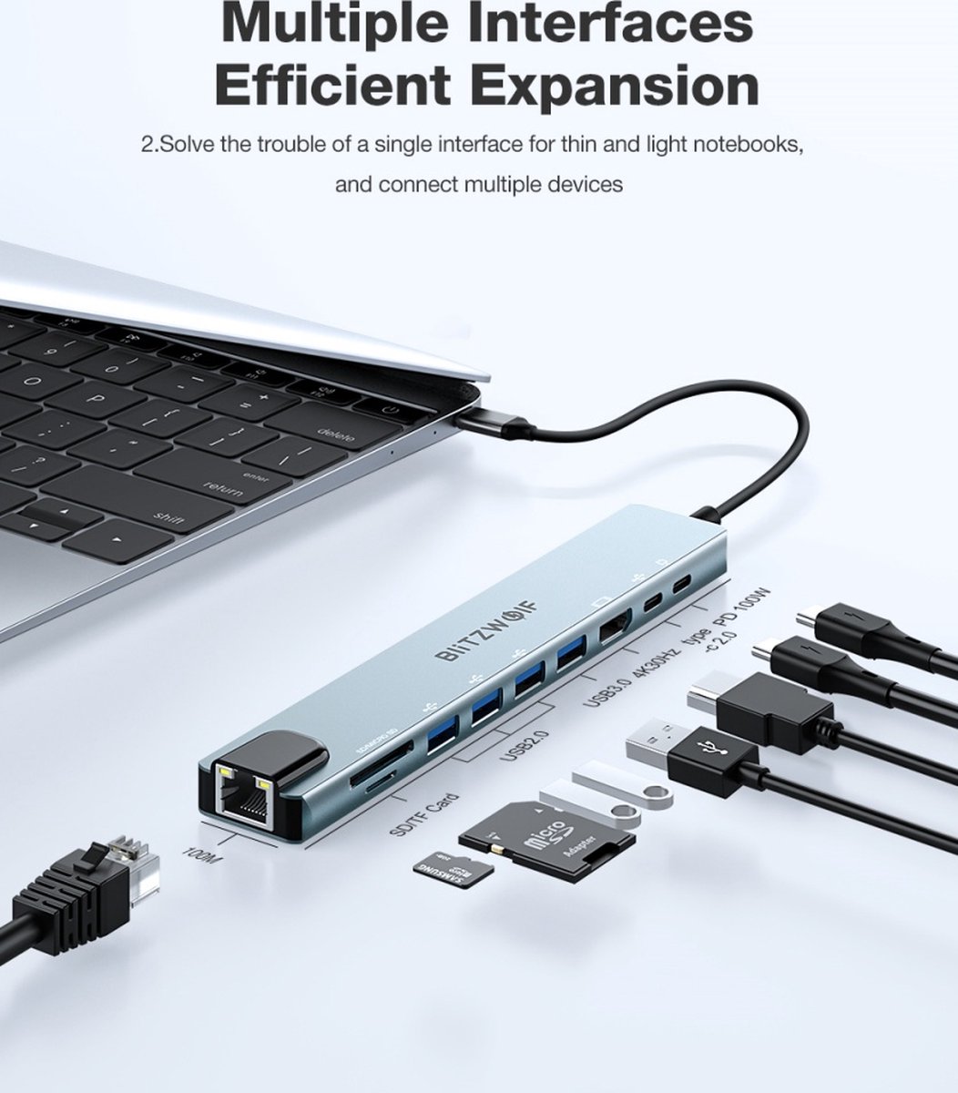 10-in-1 USB Hub Dockingstation USB3.0 Type-C RJ45 Ethernet PD 100W