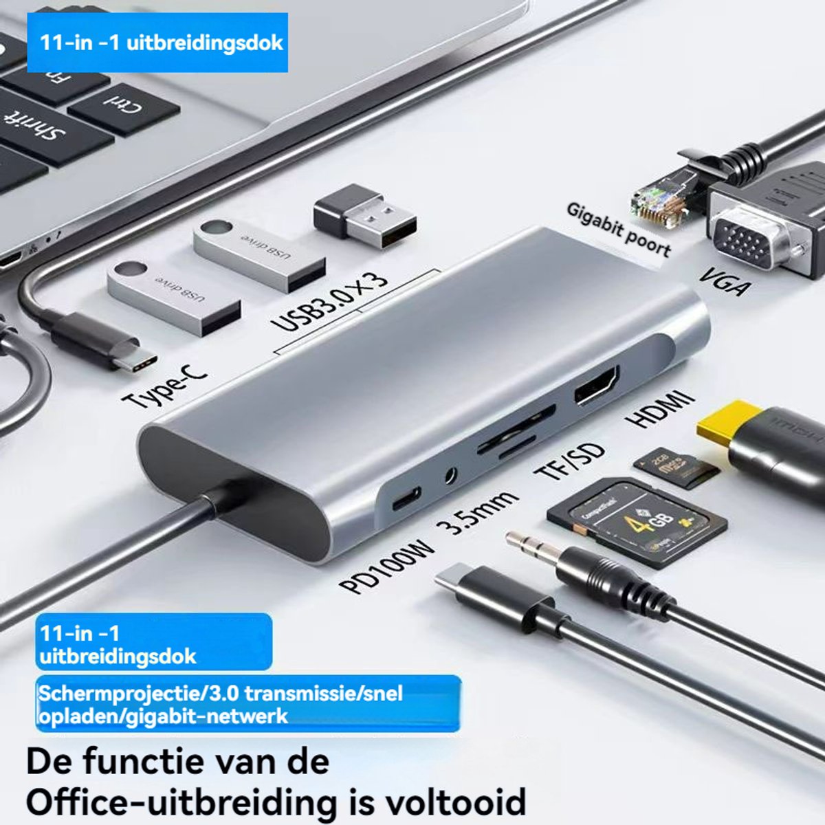 11-in-1 USB C Hub Docking Station PD100W voor MacBook iPad Laptop