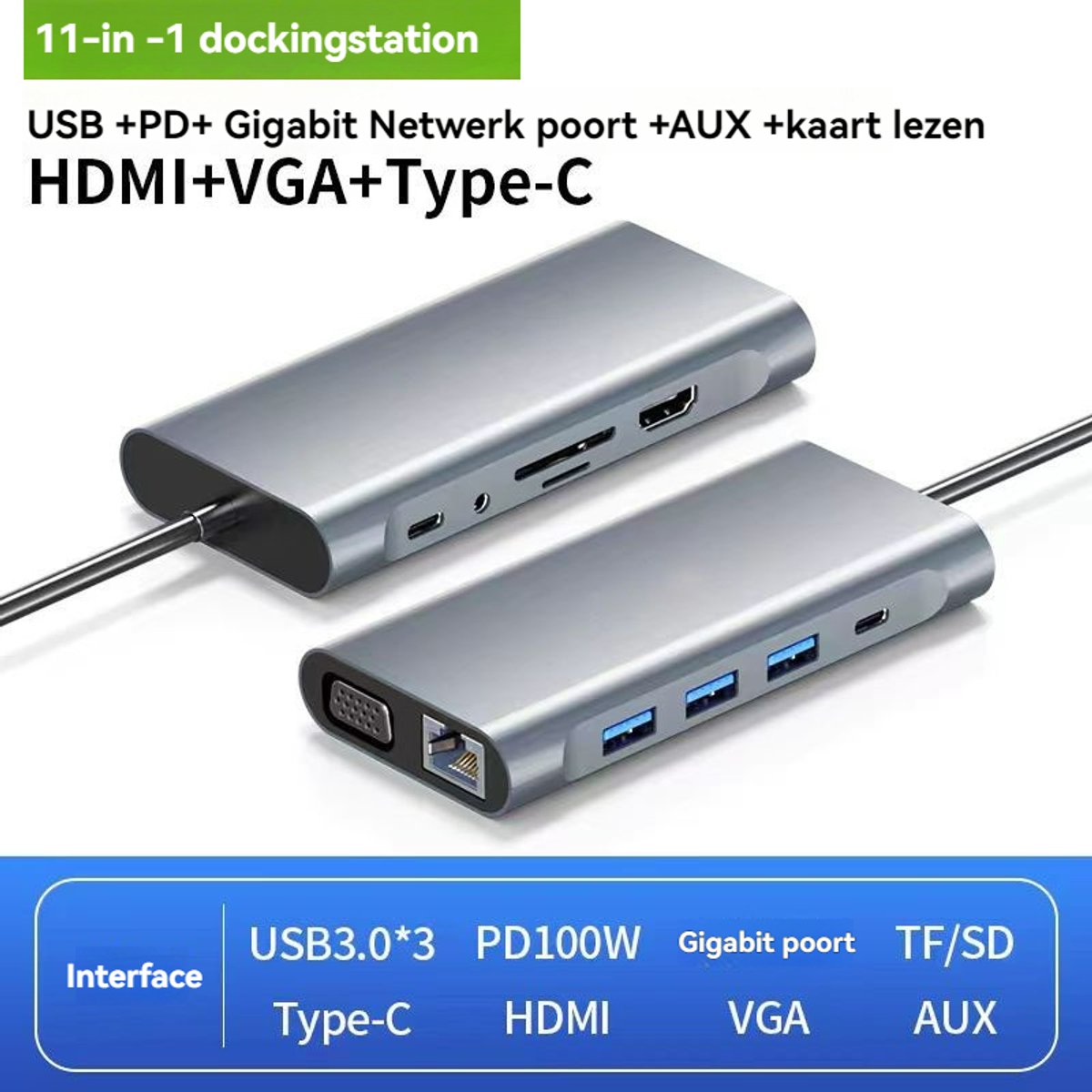11-in-1 USB C Hub Docking Station PD100W voor MacBook iPad Laptop