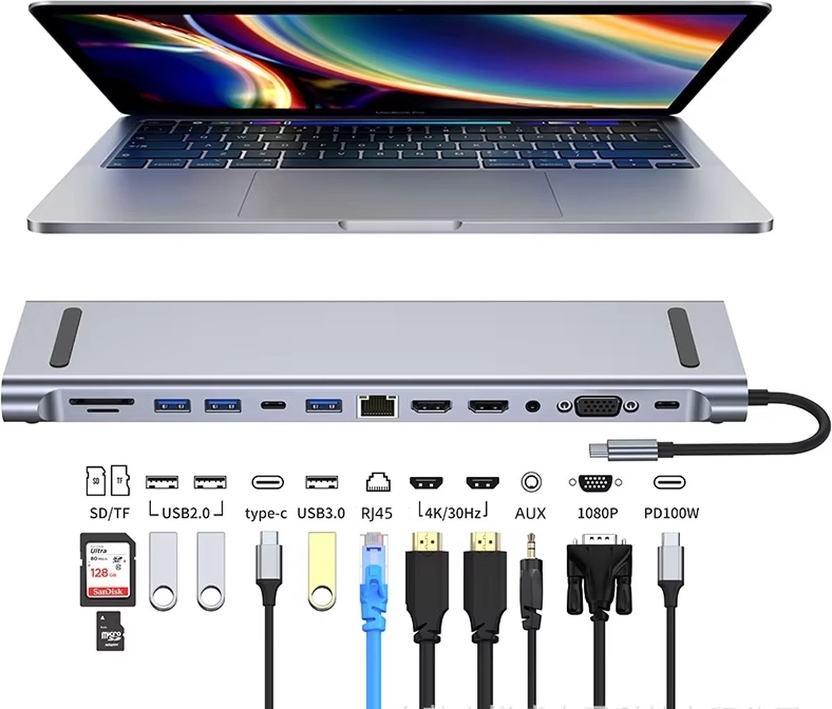 12 in 1 USB C Hub Docking Station voor Laptop MacBook Windows