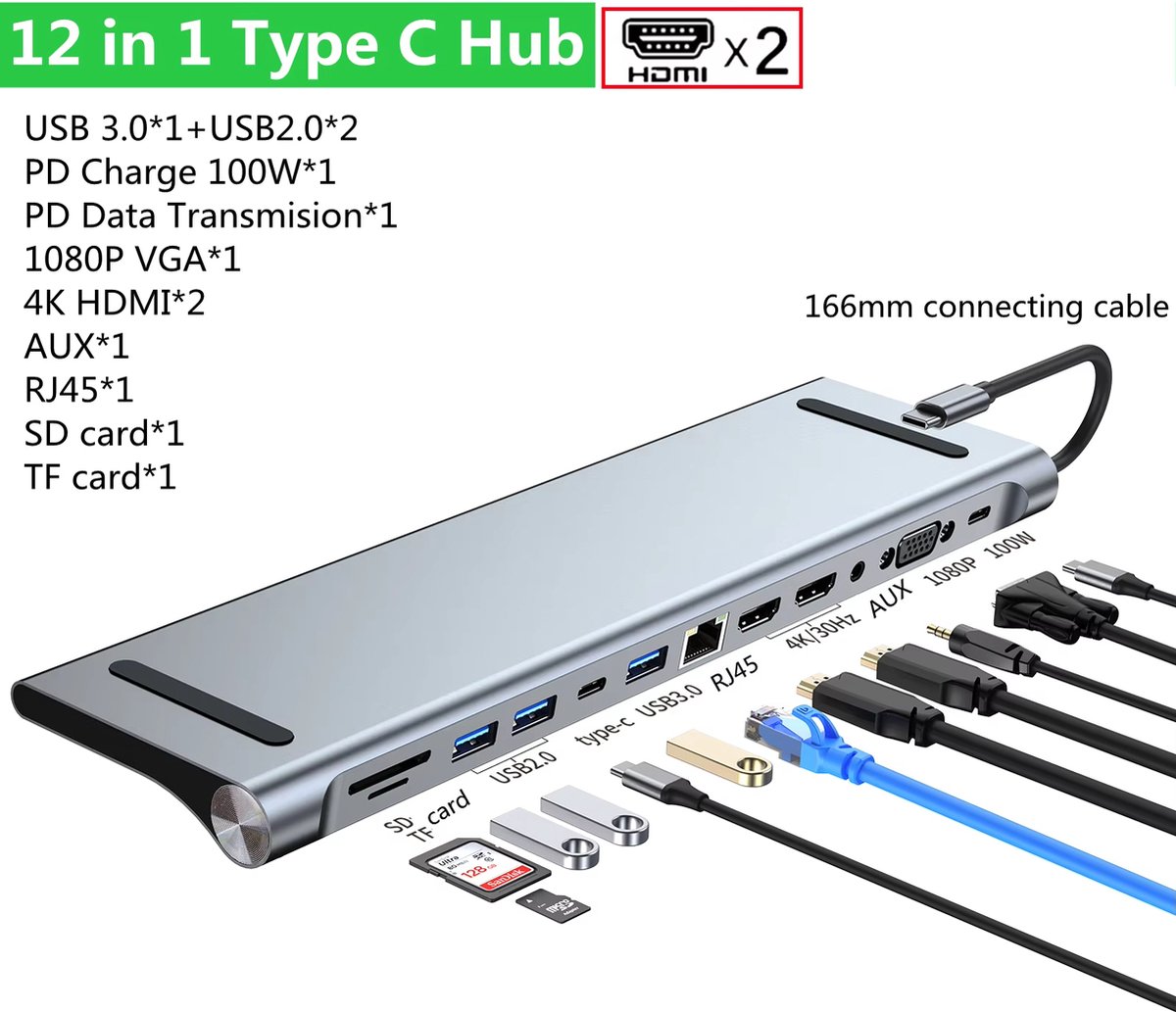 12 in 1 USB C Hub Docking Station voor Laptop MacBook Windows