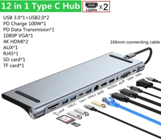 12 in 1 USB C Hub Docking Station voor Laptop MacBook Windows