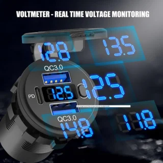 12 Volt USB-stopcontact Dual Quick Charge 3.0 Port en PD3.0 USB C Car Charger Socket, Waterdichte 12V Power Outlet sigarettenaansteker vervanging DIY Kit met voltmeter en schakelaar voor auto boot RV