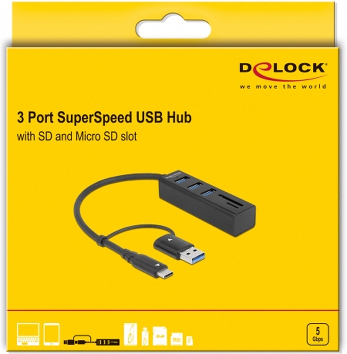 3-poorts USB 3.2 Hub met SD & Micro SD-kaartlezer - USB-C/USB-A