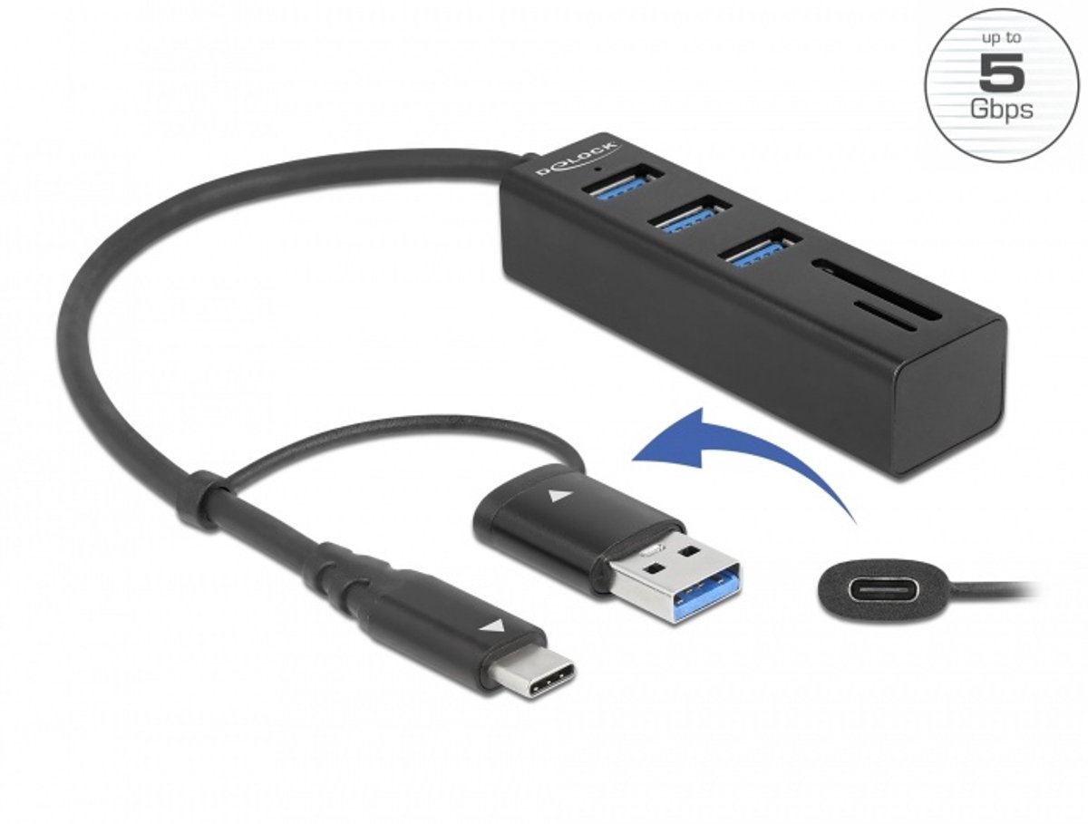 3-poorts USB 3.2 Hub met SD & Micro SD-kaartlezer - USB-C/USB-A