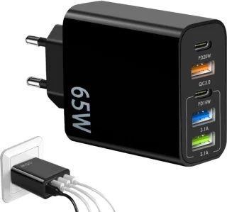 4-delige zwarte 65W 5-poort USB-C multi-oplader (EU)