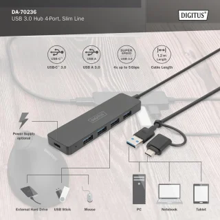 4-poorts USB 3.0-hub met USB-C-adapter