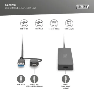4-poorts USB 3.0-hub met USB-C-adapter