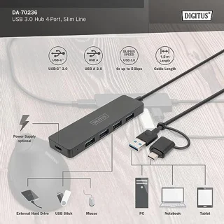4-poorts USB 3.0 hub met USB-C adapter
