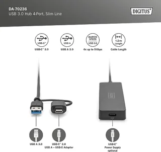 4-poorts USB 3.0 hub met USB-C adapter