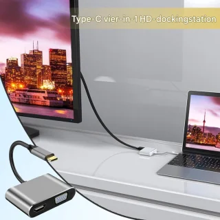 4K HD VGA oplaadpoort USB3.0, USB C naar DVI VGA -adapter, USB 3.0 VGA PD -adapter, Portable HDTV Port Hub voor conferentiepresentaties