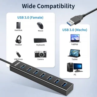 7-poorts USB 3.0 hub met lang verlengsnoer - aluminium multiport adapter