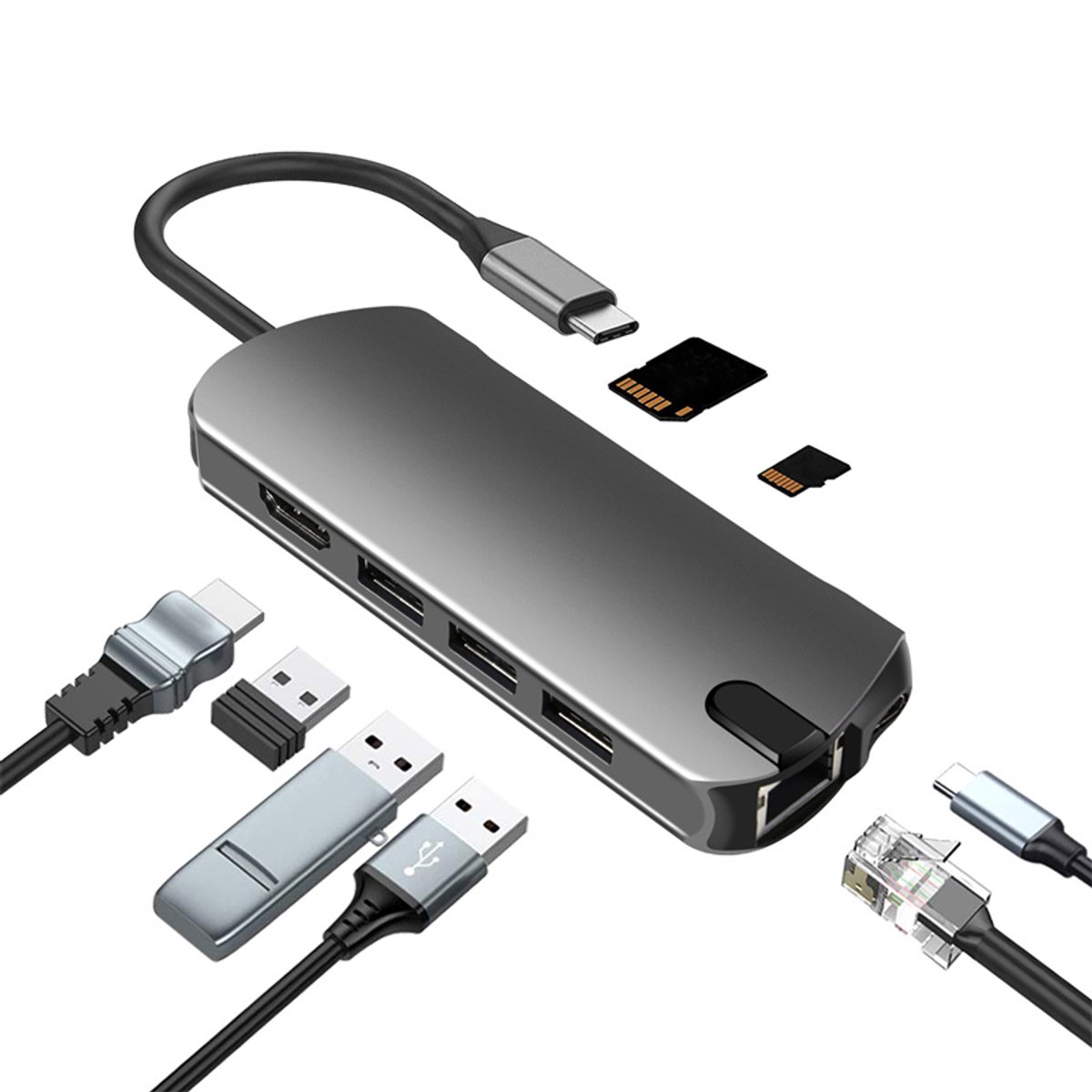 8-in-1 USB-C Hub met USB 3.0, HDMI, RJ45 en Kaartsleuf