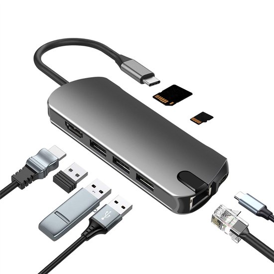 8-in-1 USB-C Hub met USB 3.0, HDMI, RJ45 en Kaartsleuf