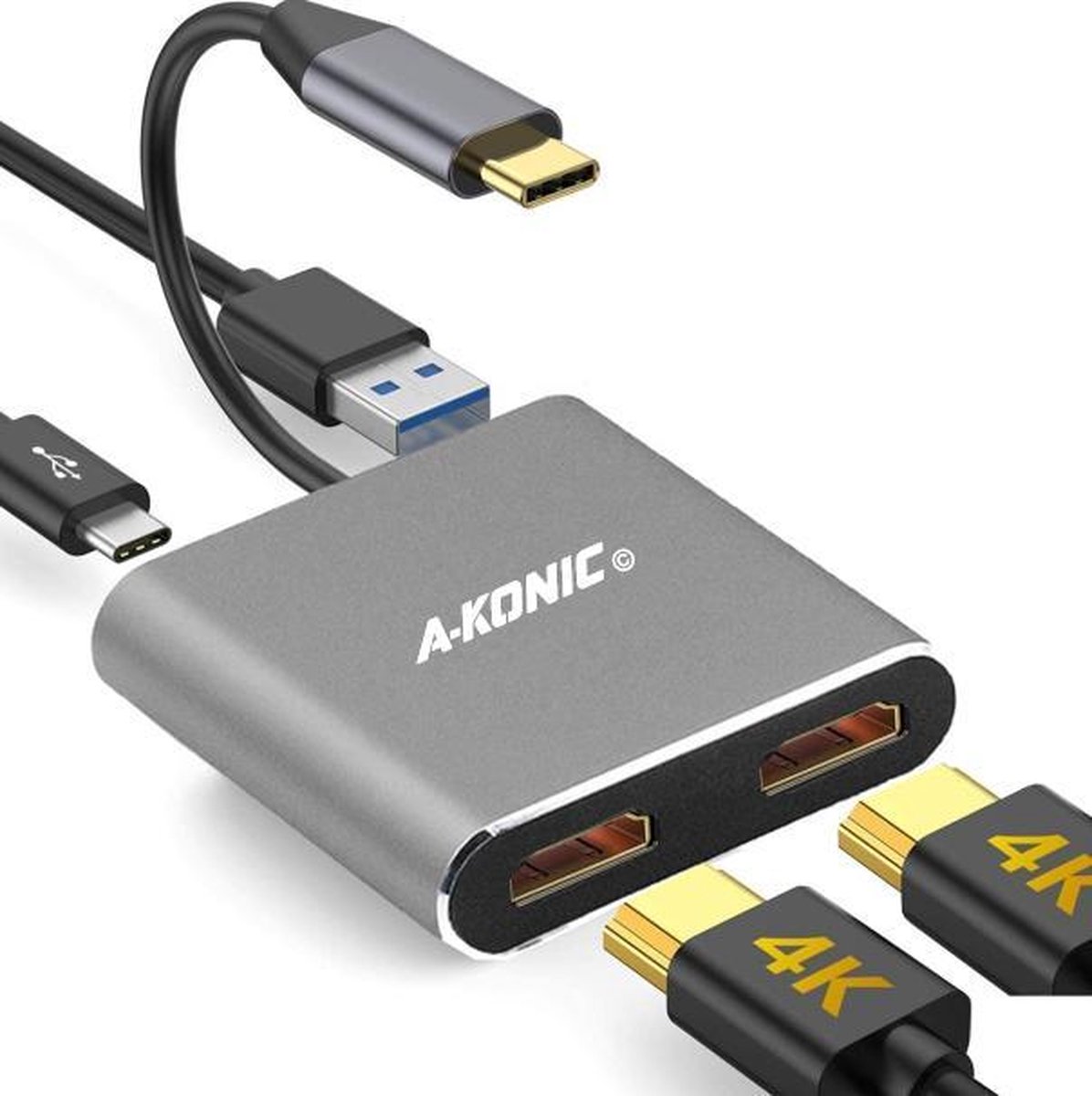 A-KONIC 4-in-1 USB-C Dock met 2x HDMI, USB-C en USB 3.0 Zwart