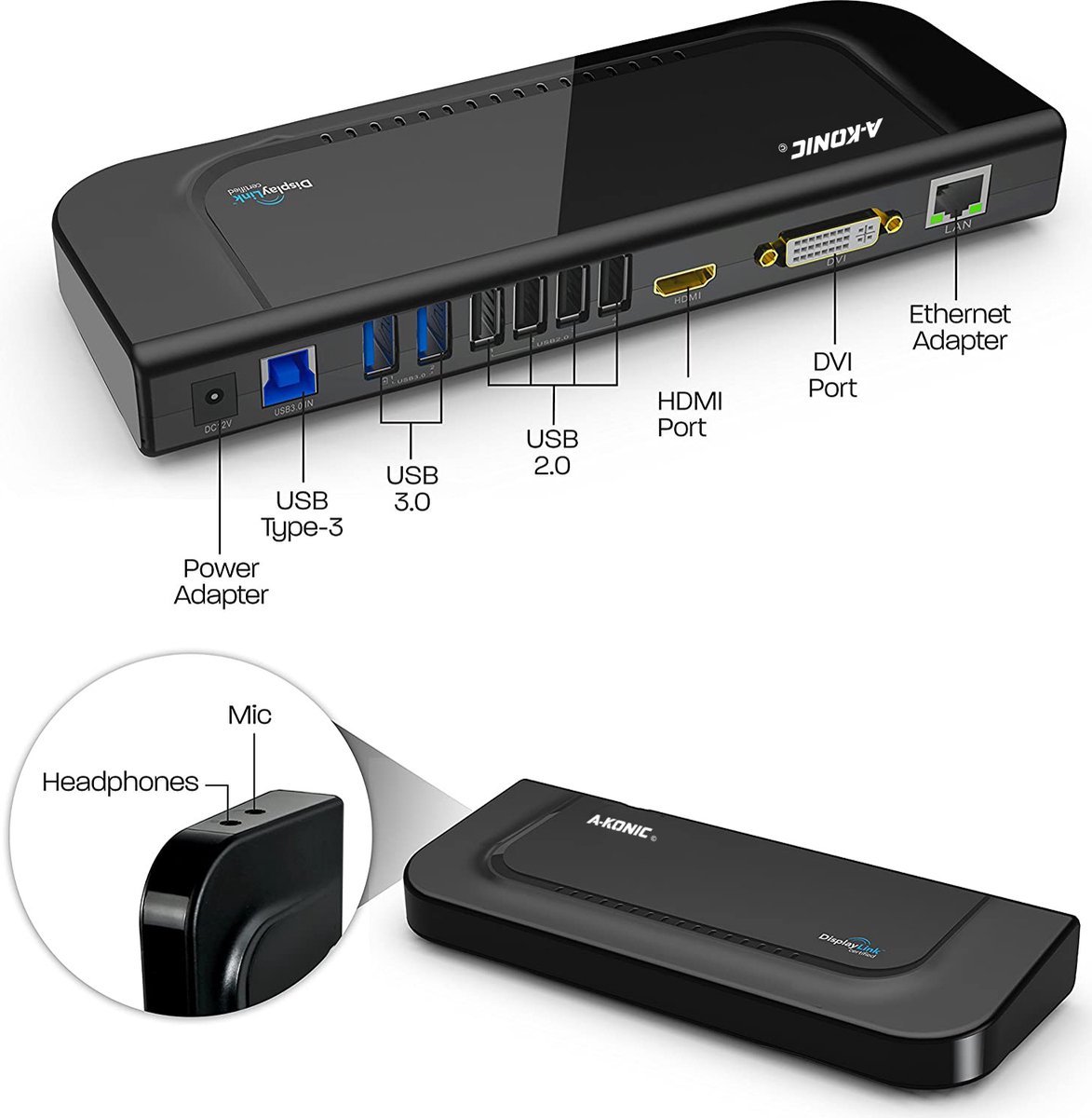 A-KONIC USB 3.0 Laptop Docking Station Dual Display Zwart