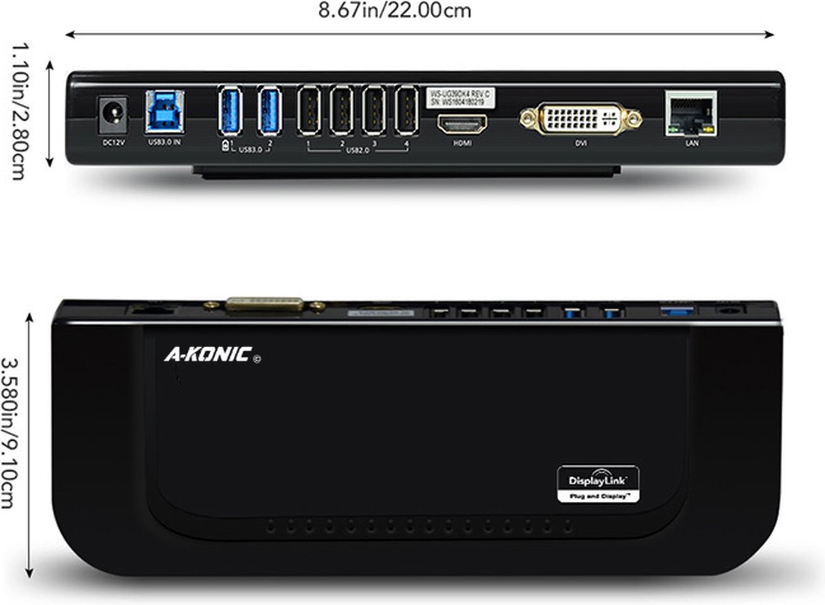 A-KONIC USB 3.0 Laptop Docking Station Dual Display Zwart