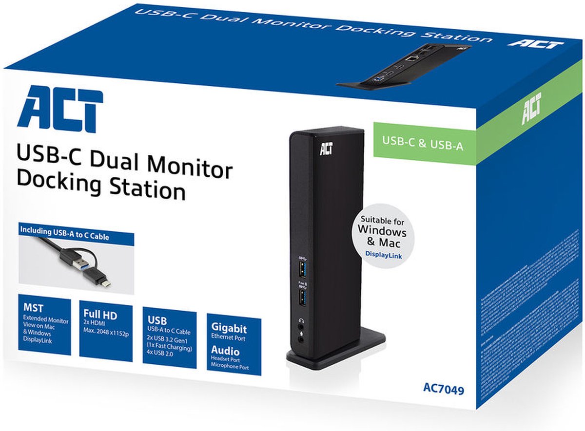 ACT AC7049 Laptop Docking Station USB-C Zwart