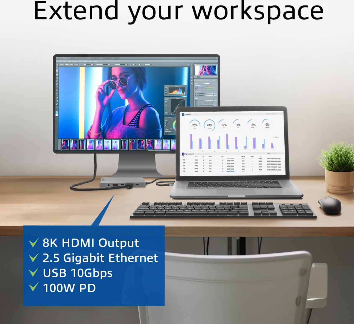 ACT AC7095 USB-C dockingstation met HDMI, Ethernet en USB-A/C poorten