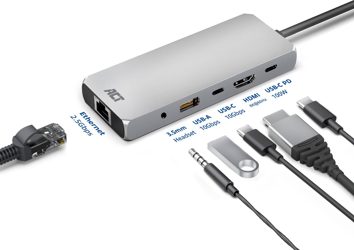 ACT AC7095 USB-C dockingstation met HDMI, Ethernet en USB-A/C poorten