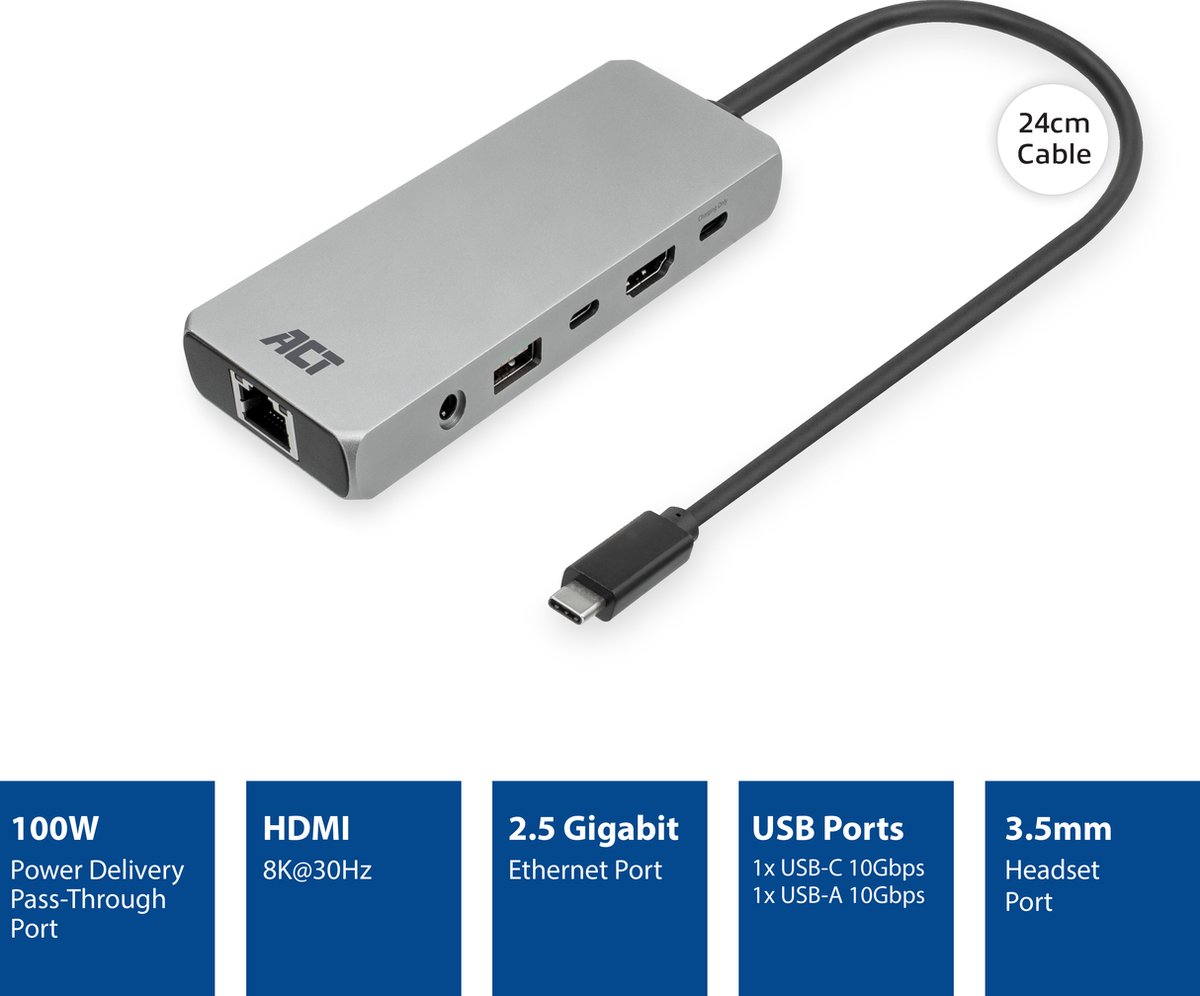 ACT AC7095 USB-C dockingstation met HDMI, Ethernet en USB-A/C poorten