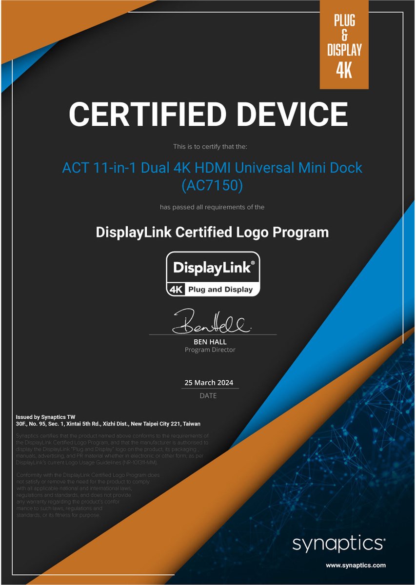 ACT AC7150 USB-C Docking Station 4K Dual HDMI DisplayLink