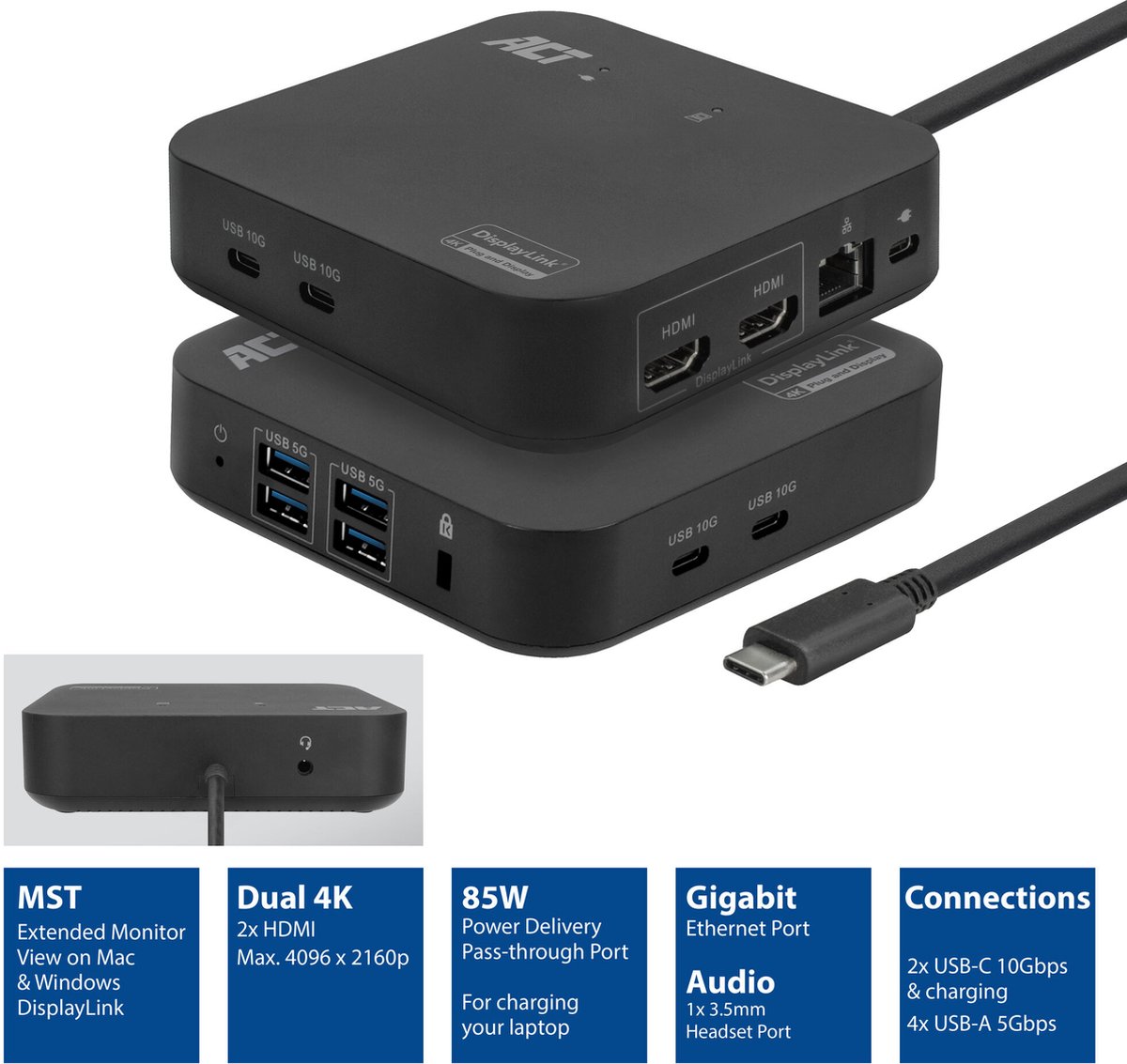 ACT AC7150 USB-C Docking Station 4K Dual HDMI DisplayLink