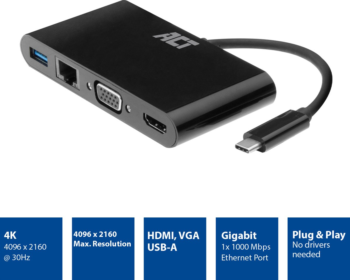 ACT AC7330 USB-C Multi Dock HDMI VGA Ethernet USB-A