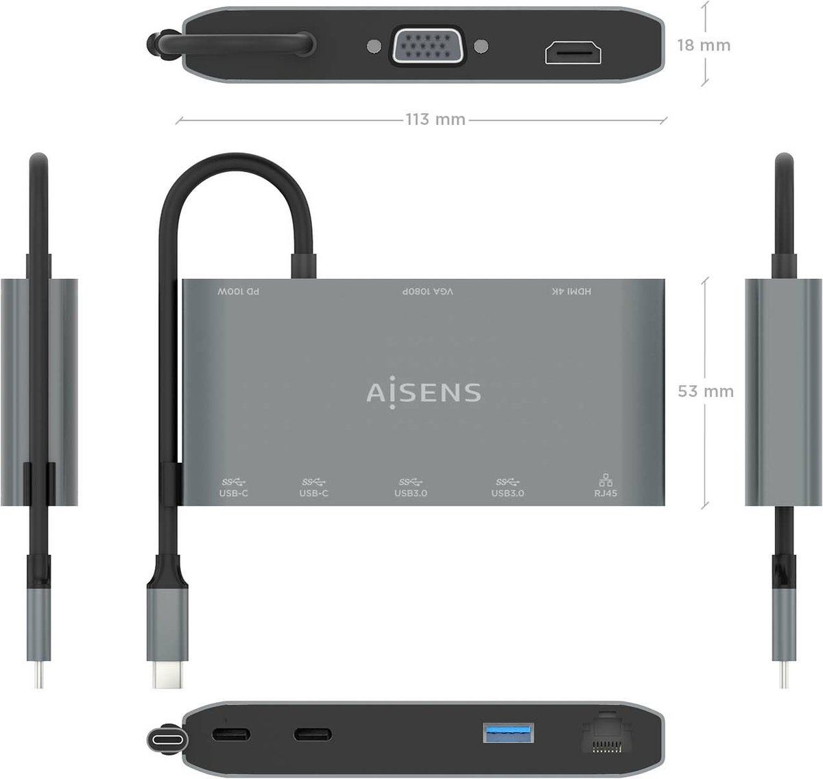 AISENS ASUC-8P010-GR USB-C Laptop Dock Grijs